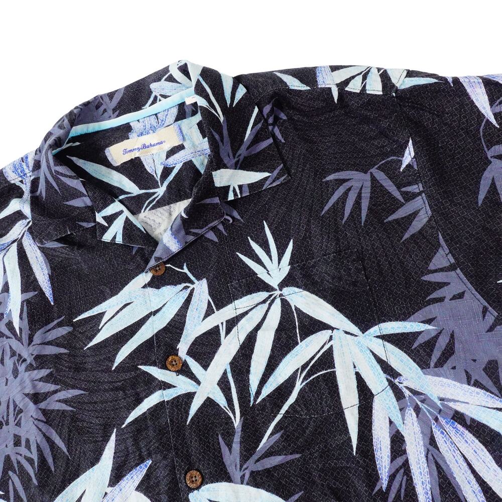 Tommy Bahama Silk Floral Leaf Hawaiian Black Button Up Camp Shirt Large